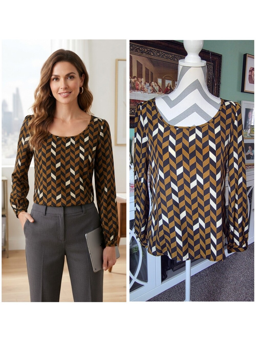 Edge Geometric Chevron Long Sleeve Blouse